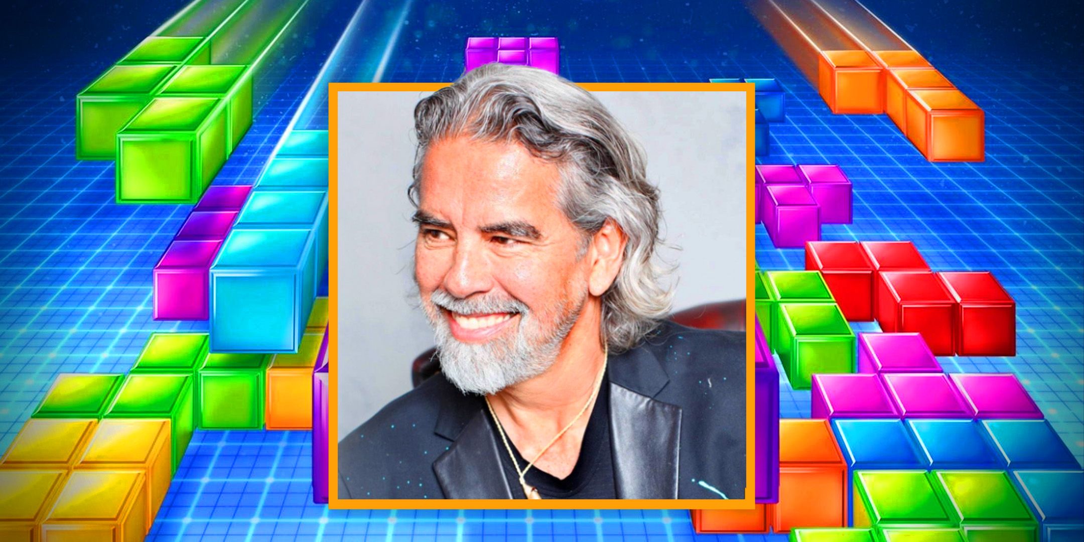 Tetris Henk thr author on a background of Tetris blocks