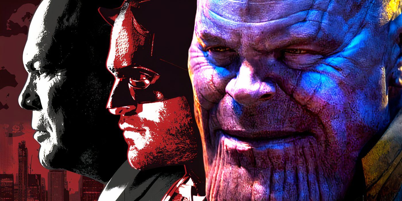 Thanos smiles next to Mayor Wilson Fisk and Matt Murdock in Avengers Infinity War