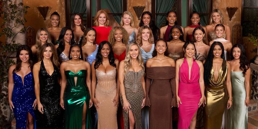 25 women standing together in evening gowns as contestants on The Bachelor season 29