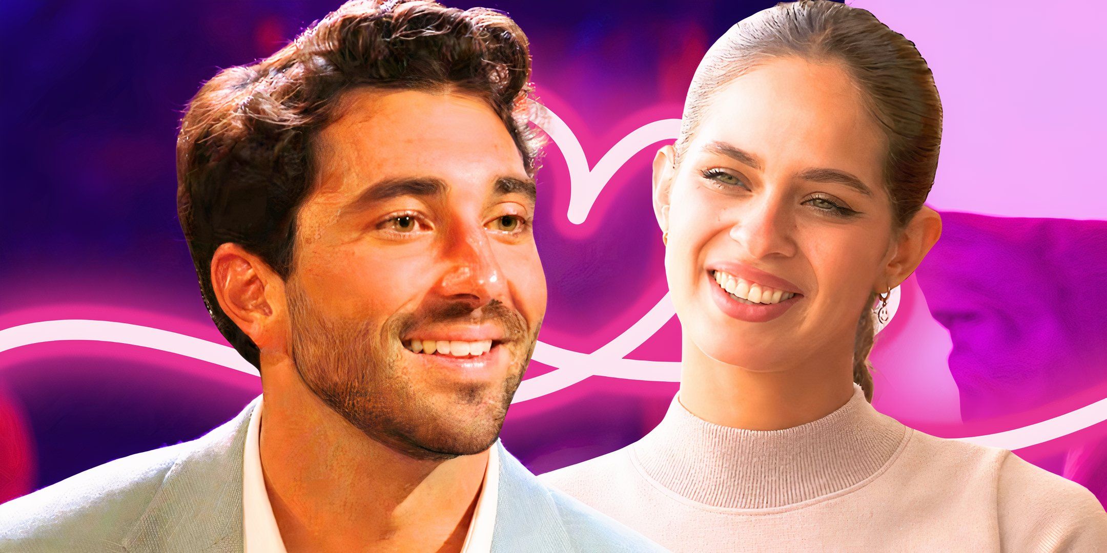 the bachelor stars joey graziadei and kelsey anderson smiling in montage with neon heart