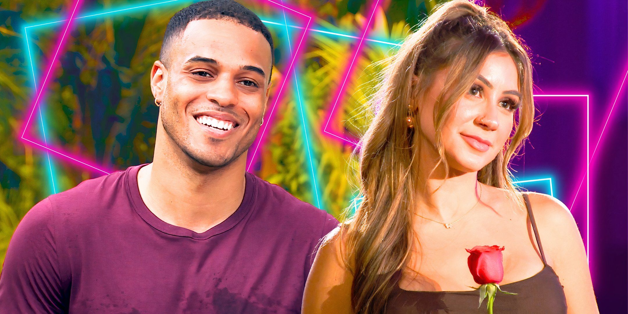 The Bachelor&rsquo;s Grant Ellis And Juliana Pasquarosa in montage with him smiling and her holding a rose with neon accents