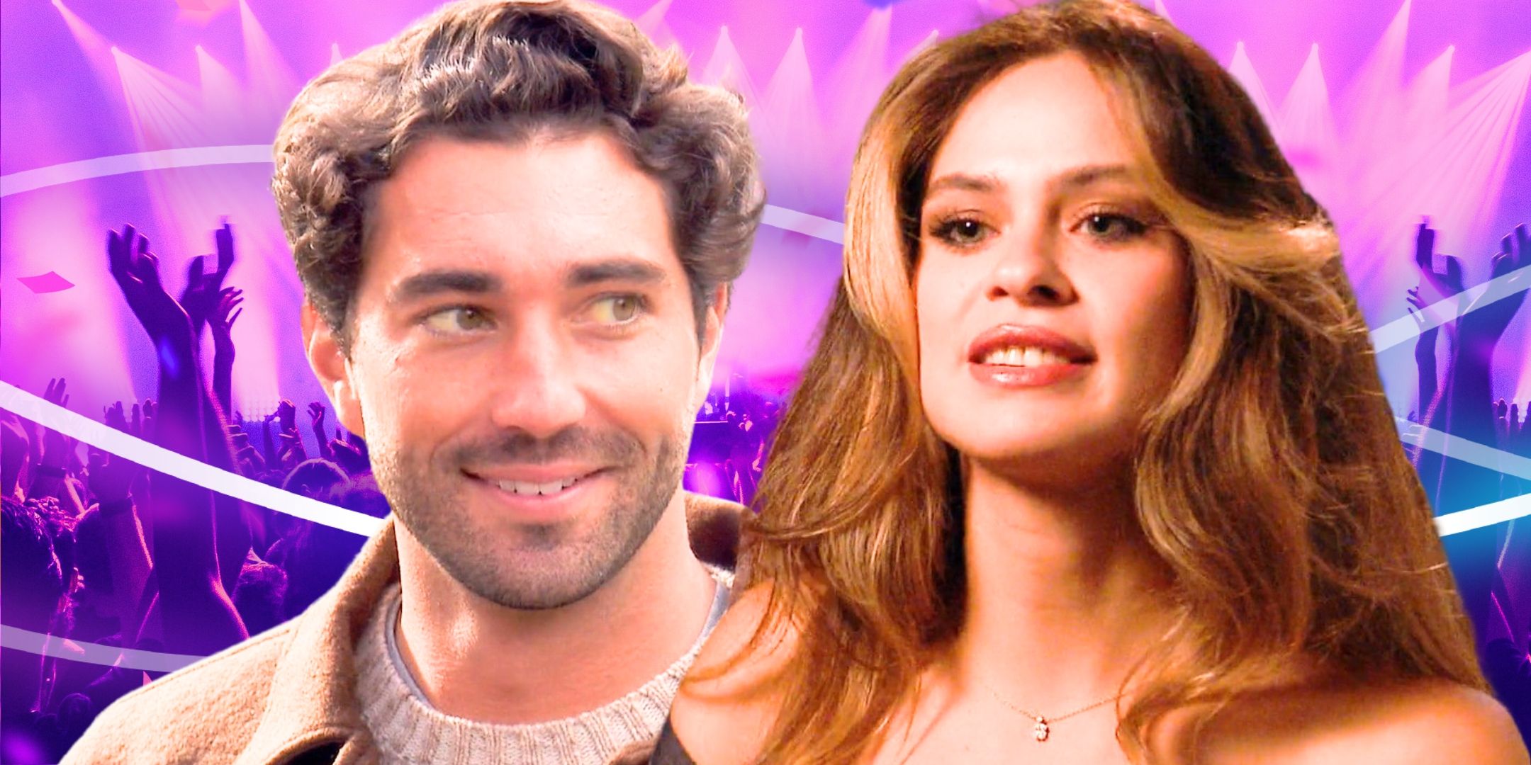 The Bachelor’s Joey Graziadei &amp; Kelsey Anderson smile in front of a music festival crowd