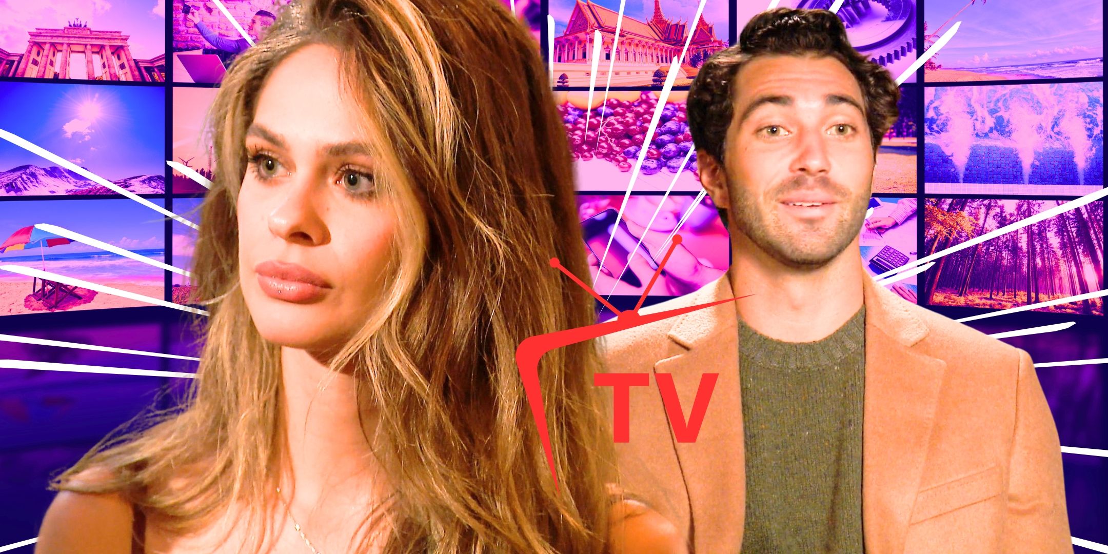 The Bachelor’s Joey Graziadei &amp; Kelsey Anderson with multiple TV screens behind them
