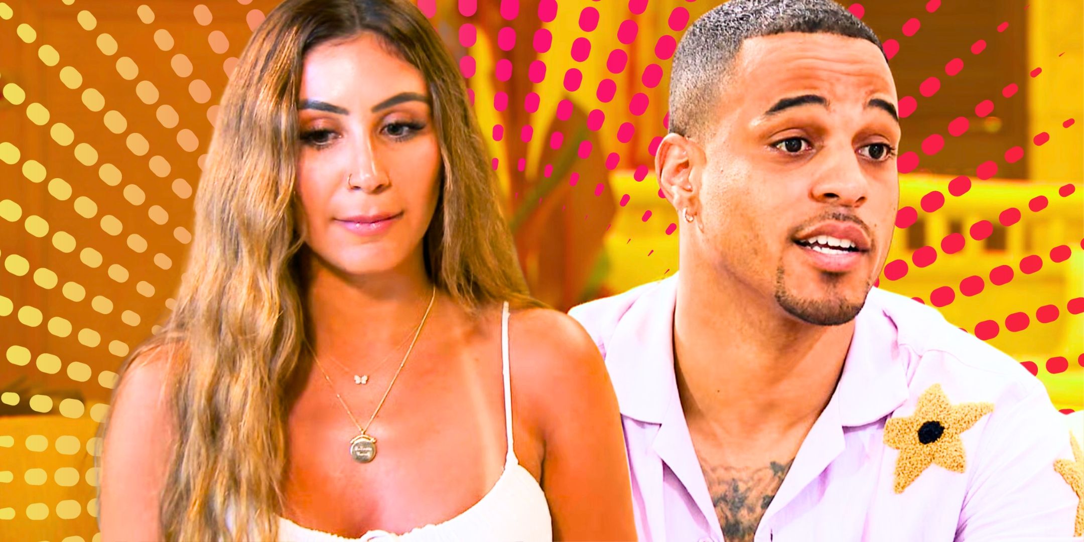 The Bachelor’s Juliana Pasquarosa purses her lips and Grant Ellis raises his eyebrows