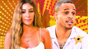 The Bachelor’s Juliana Pasquarosa purses her lips and Grant Ellis raises his eyebrows