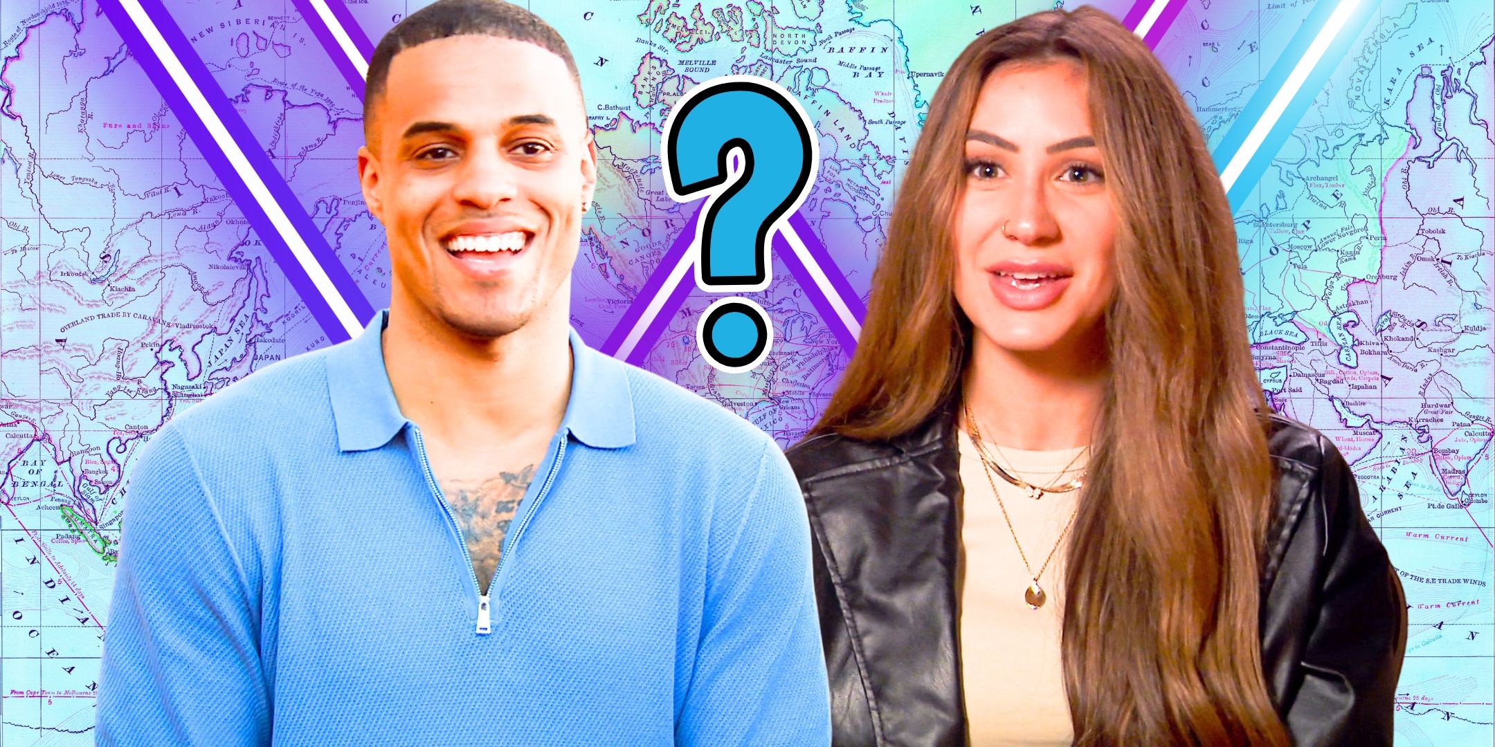 The Bachelor’s Juliana Pasquarosa and Grant Ellis with a map behind them and a question mark.