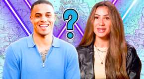 The Bachelor’s Juliana Pasquarosa and Grant Ellis with a map behind them and a question mark.