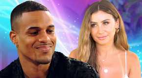 the bachelor season 29 star grant ellis and juliana pasquarosa smiling in montage with blue and purple background