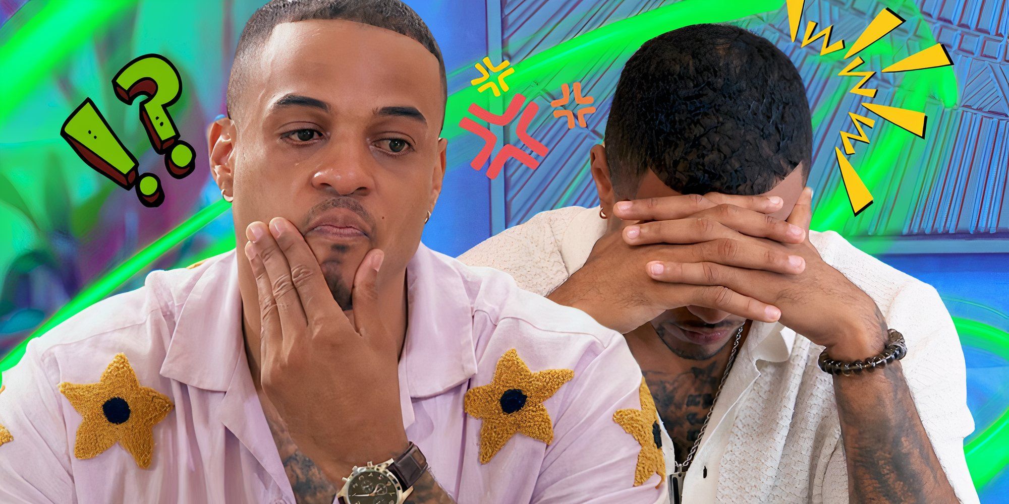 the bachelor season 29 star grant ellis in serious montage with two poses with bright background with green accents