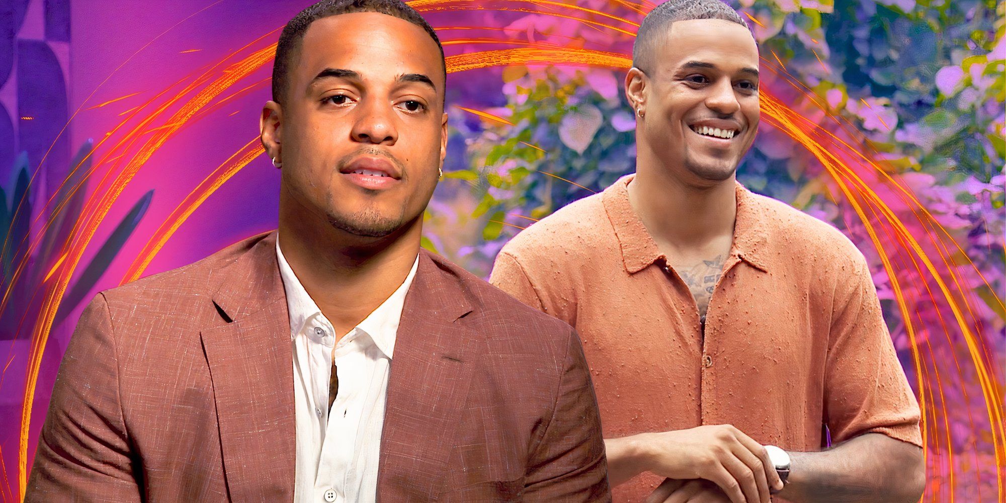 the bachelor season 29 star grant ellis in two poses with him smilng and pink and orange background