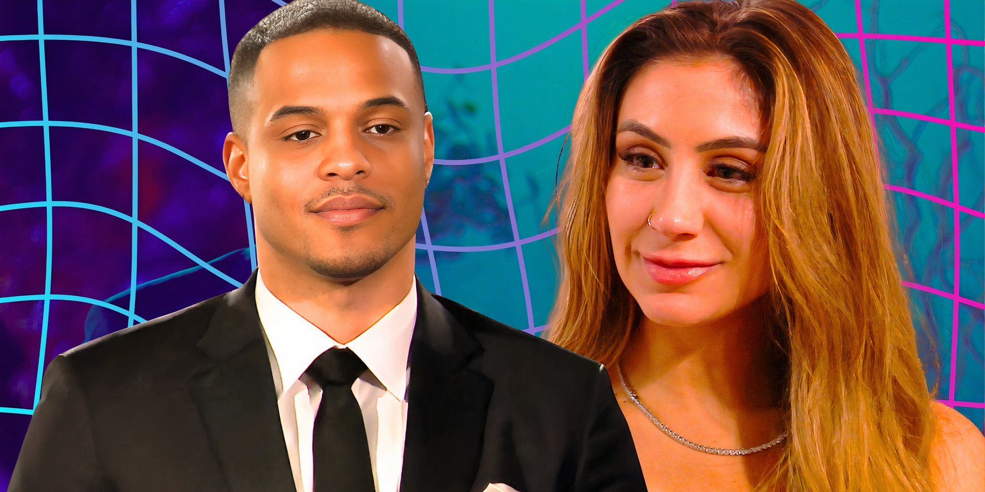 the bachelor season 29 stars grant ellis and juliana pasquarosa smiling in montage with net graphic