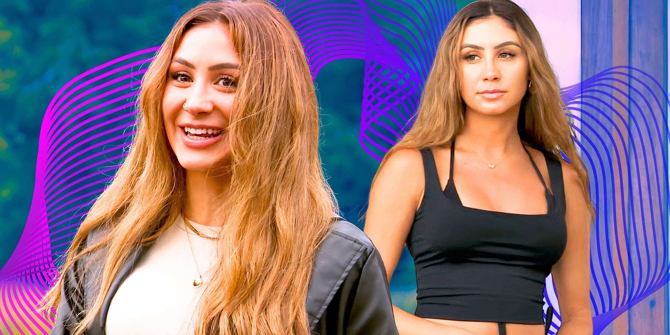 The Bachelor star Juliana Pasquarosa posing in two black outfits looking serious with wavy lines in background