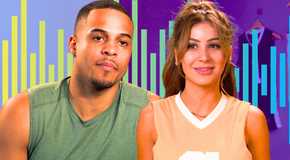 The Bachelor stars Grant Ellis and Juliana Pasquarosa smiling in casual clothes with line graphics in background