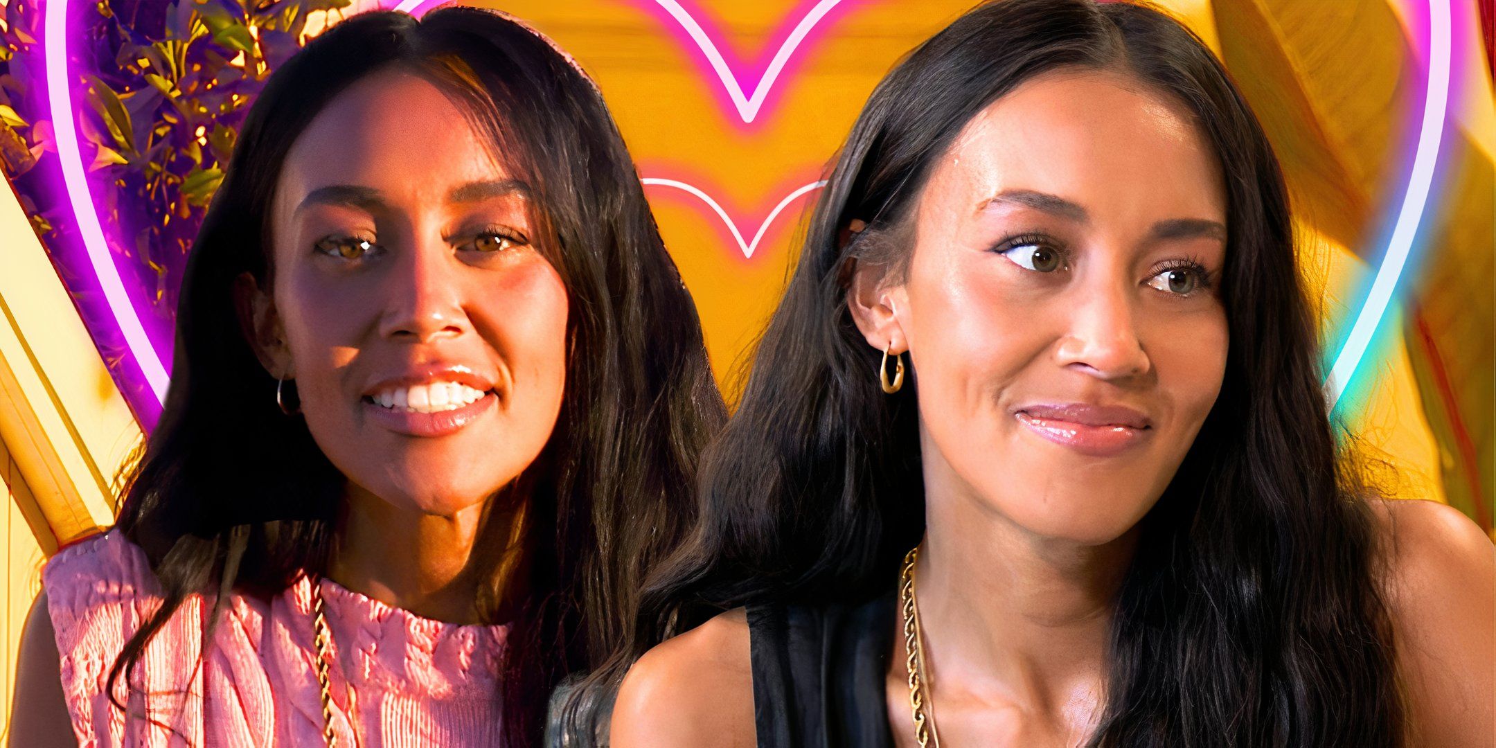 the bachelor stars litia garr smiling in two smiling poses with orange and pink background