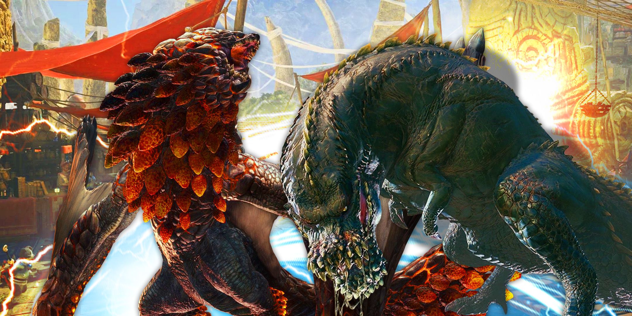 The Bazelgeuse and Devilhjo from MH World in front of the Grand Hub from MH Wilds