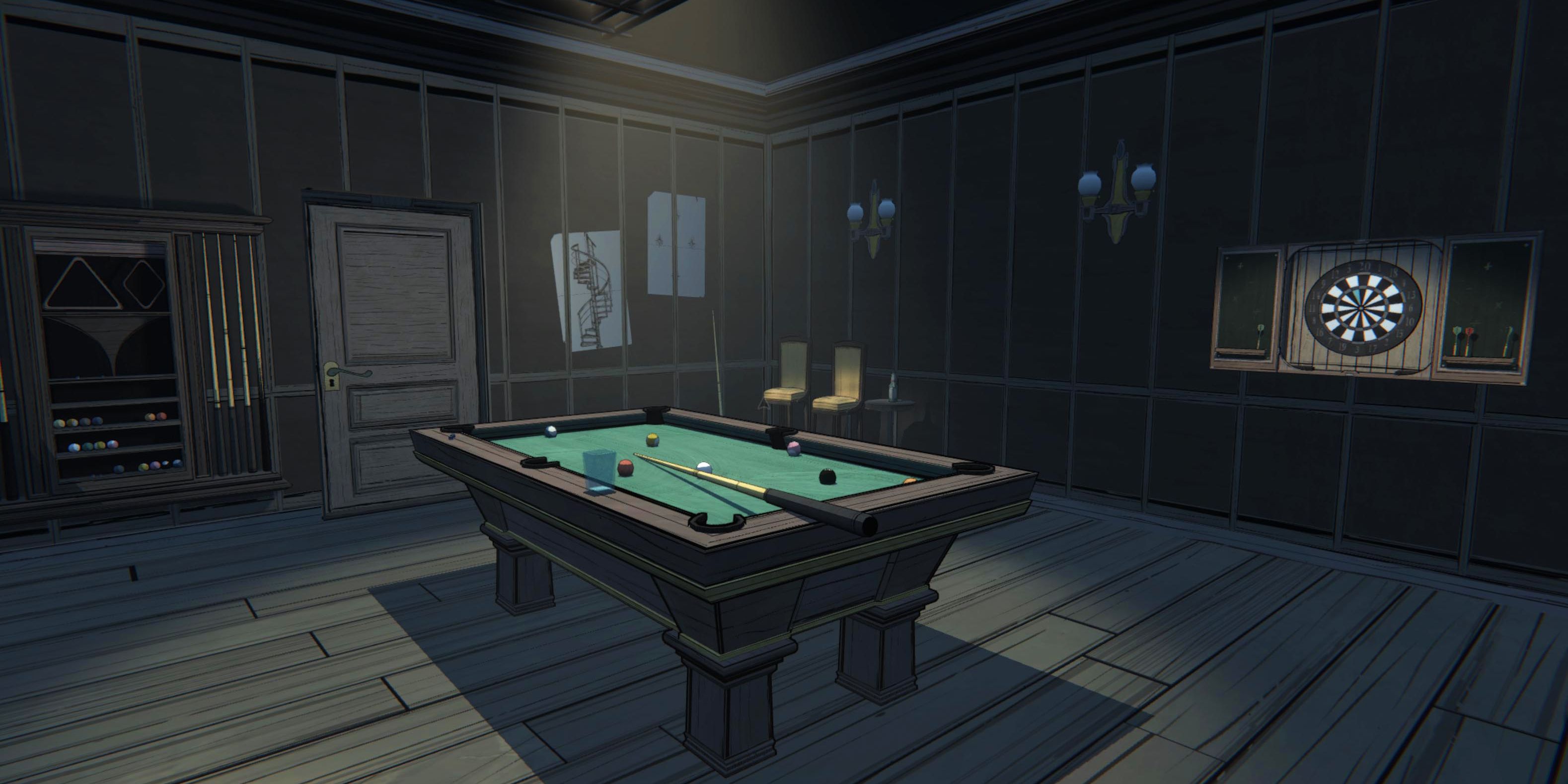 The Billiard Room in Blue Prince, with a pool table in the foreground and a dart board against the rear wall.