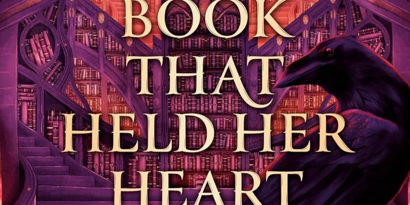 The Book That Held Her Heart Cover featuring a pink library background and a black bird to the side of the title