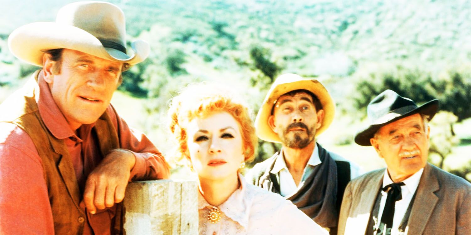 The cast of Gunsmoke, striking respective poses, in a cast photo