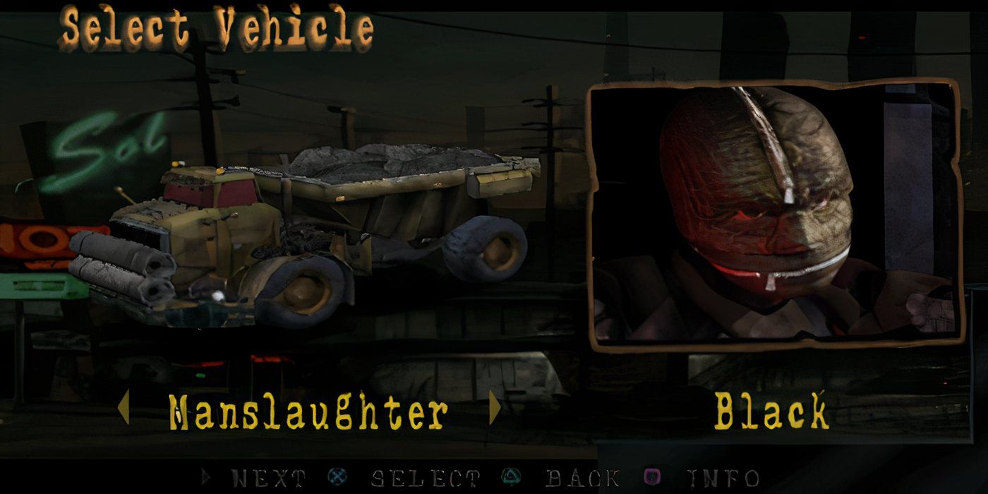 The character Black from Twisted Metal is next to his vehicle Manslaughter