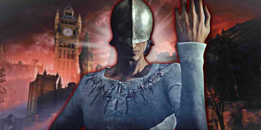 A The Duskbloods character with a helmet raises their hand, showing a scar.