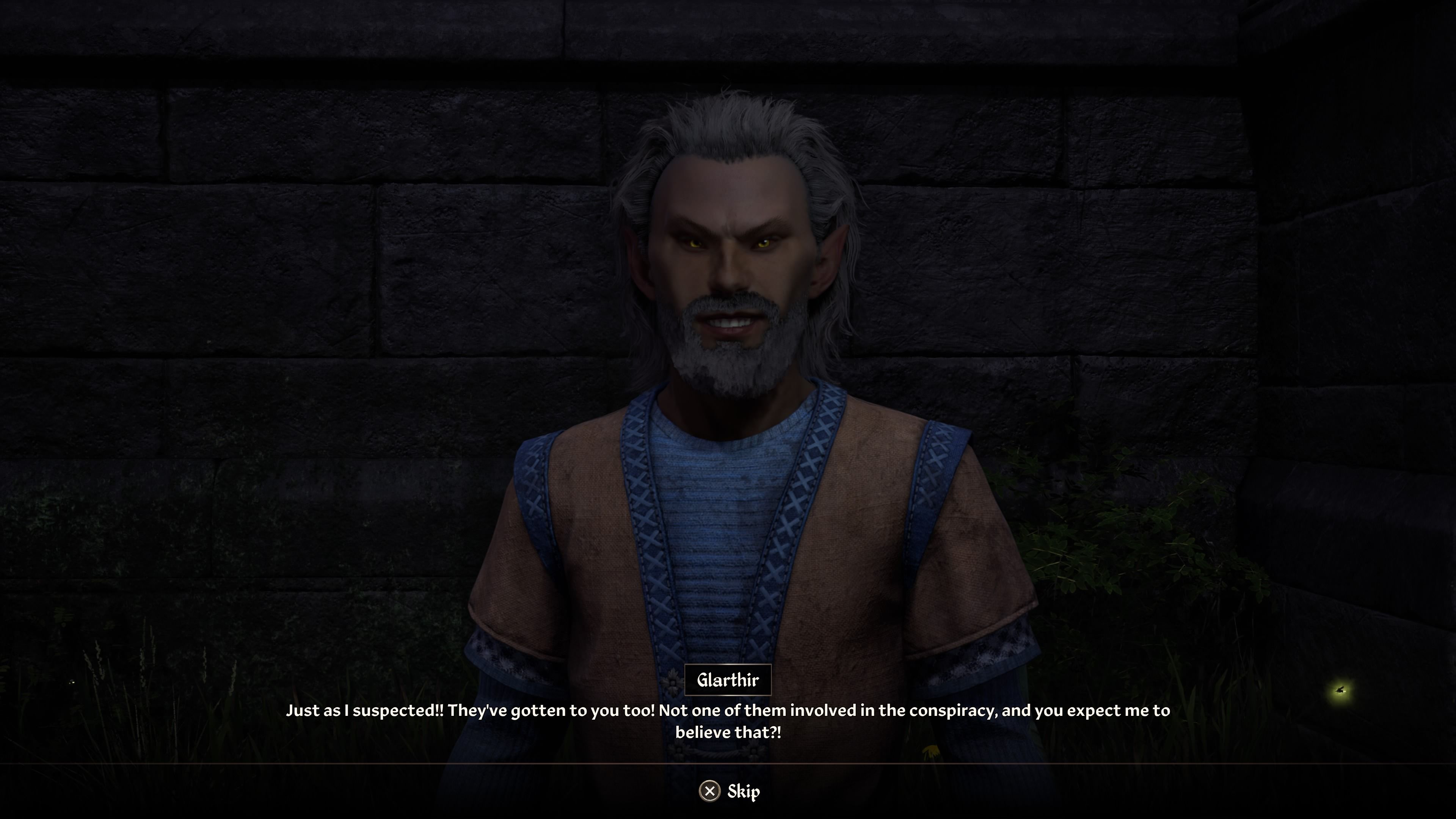 Glarthir accusing the player character behind the church in Oblivion Remastered