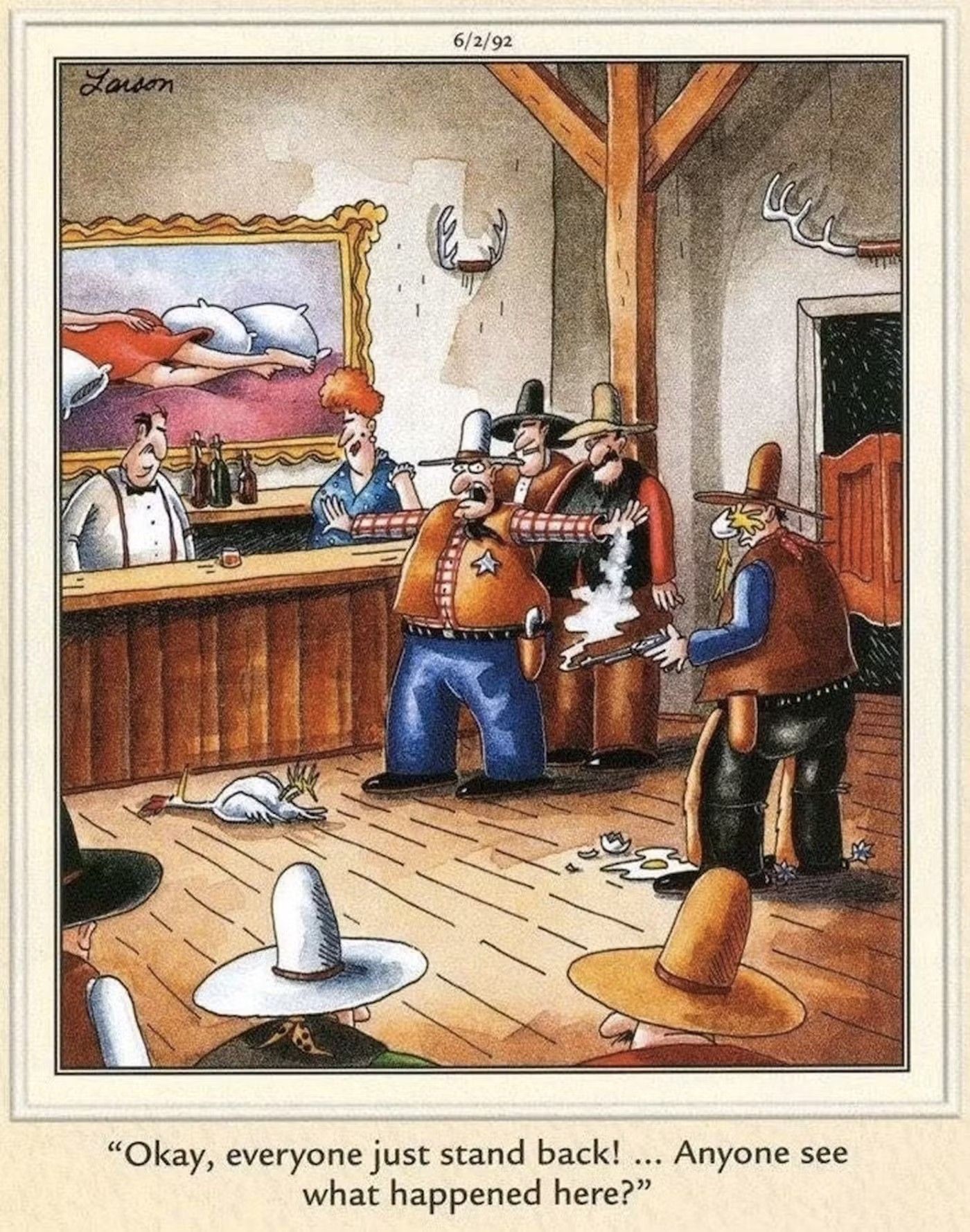 The Far Side, a chicken and egg get in a fight and a cowboy asks what happened here