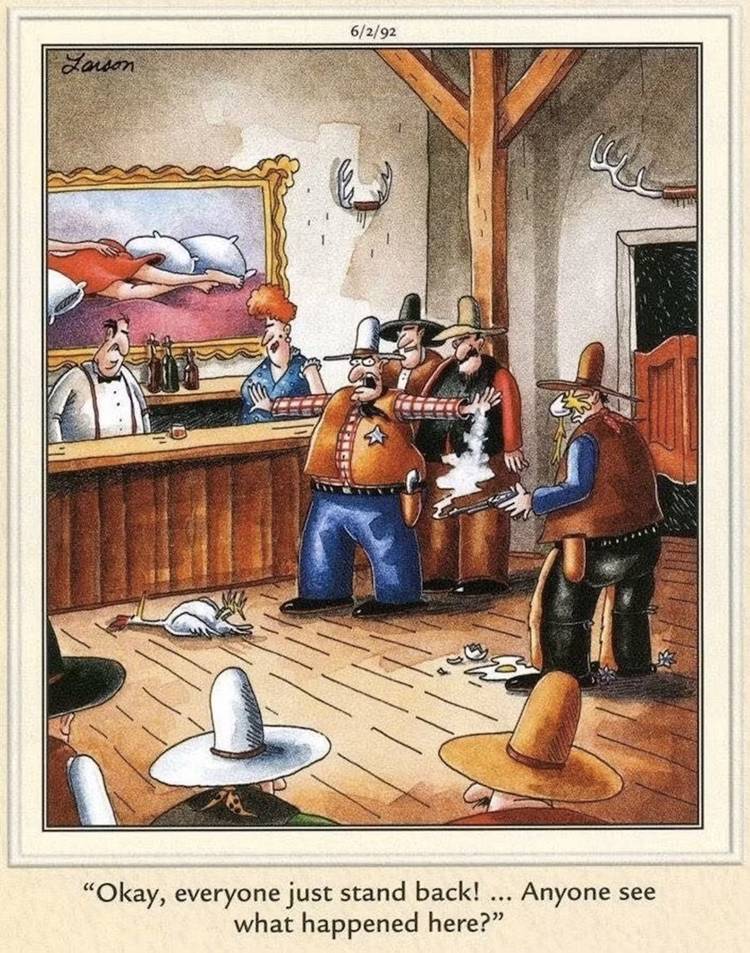 The Far Side, a chicken and egg get in a fight and a cowboy asks what happened here