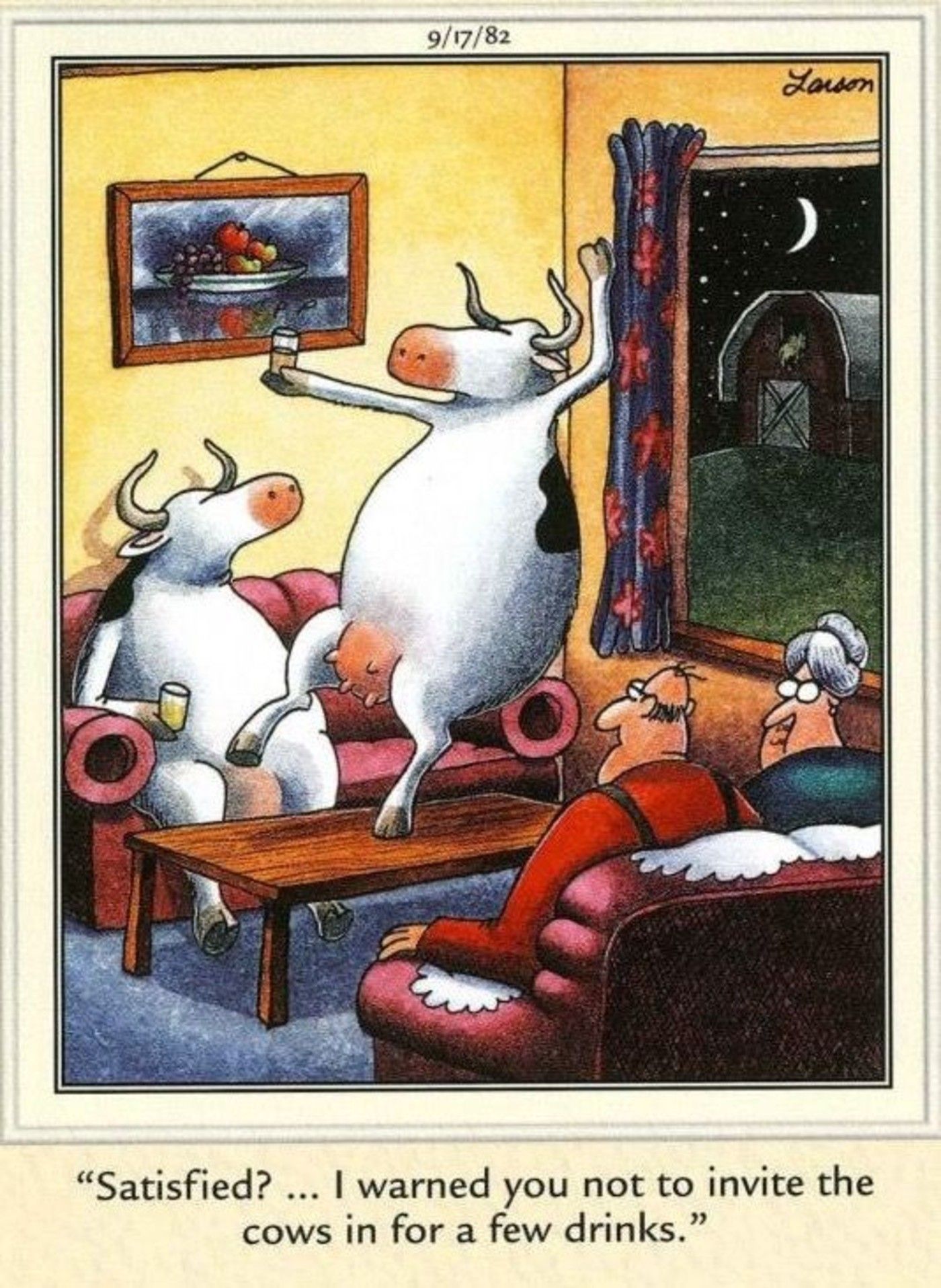 The Far Side, a cow dances on a table as a woman says they shouldn&rsquo;t have invited cows in for drinks