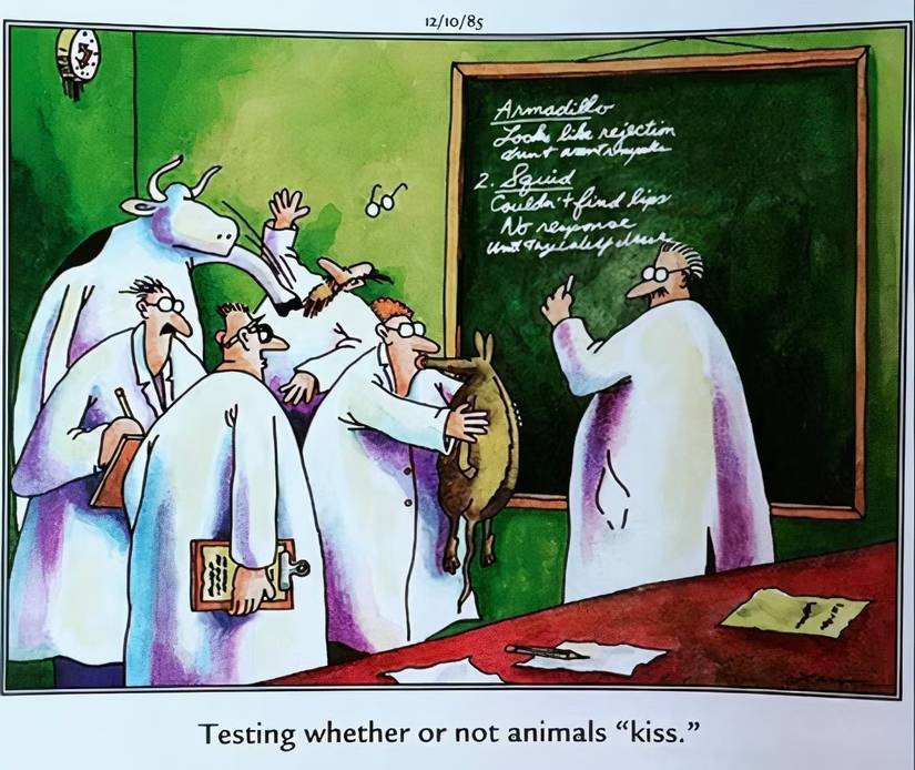 The Far Side, scientists test whether or not animals can kiss