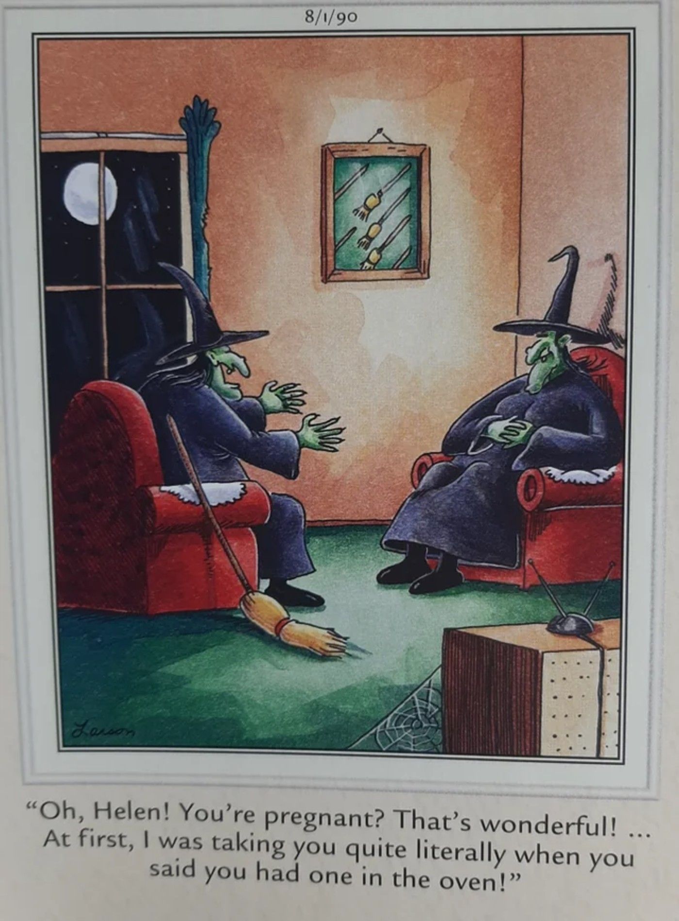 The Far Side, two witches discuss thinking literally when one says they have a bun in the oven