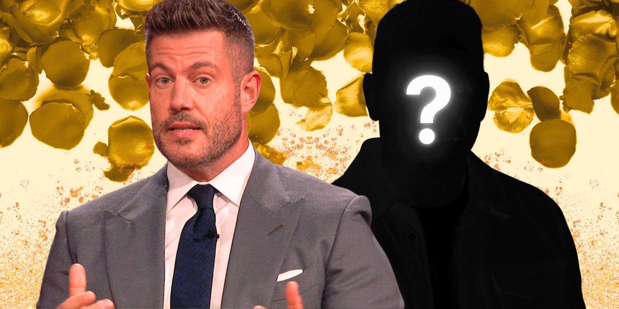 Bachelor franchise host Jesse Palmer with mystery man and golden rose petals falling
