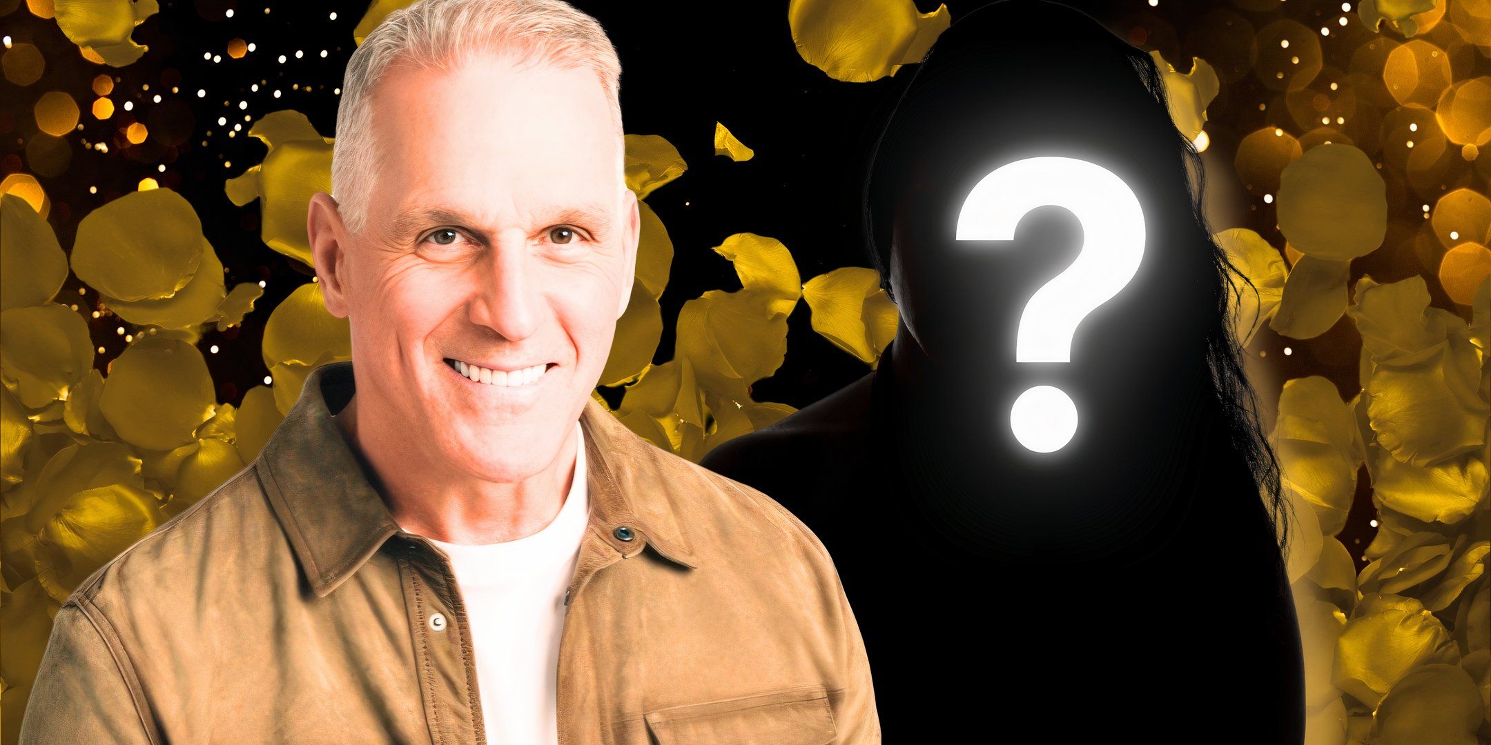 the golden bachelor star mel owens in khaki shirt with a mystery figure and gold petals in the background