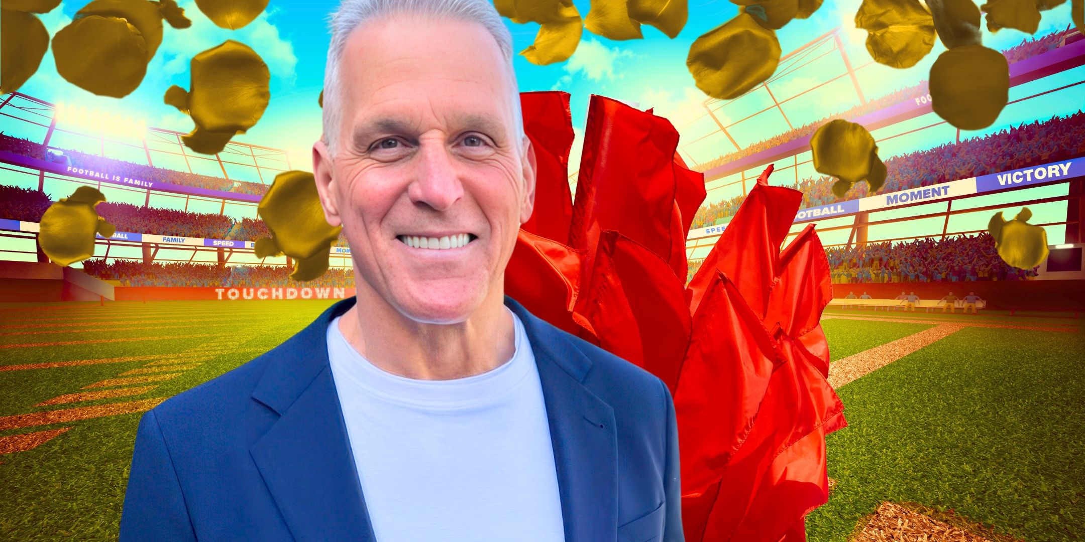 the golden bachelor star mel owens smiling in blue suit with gridiron background with red flags
