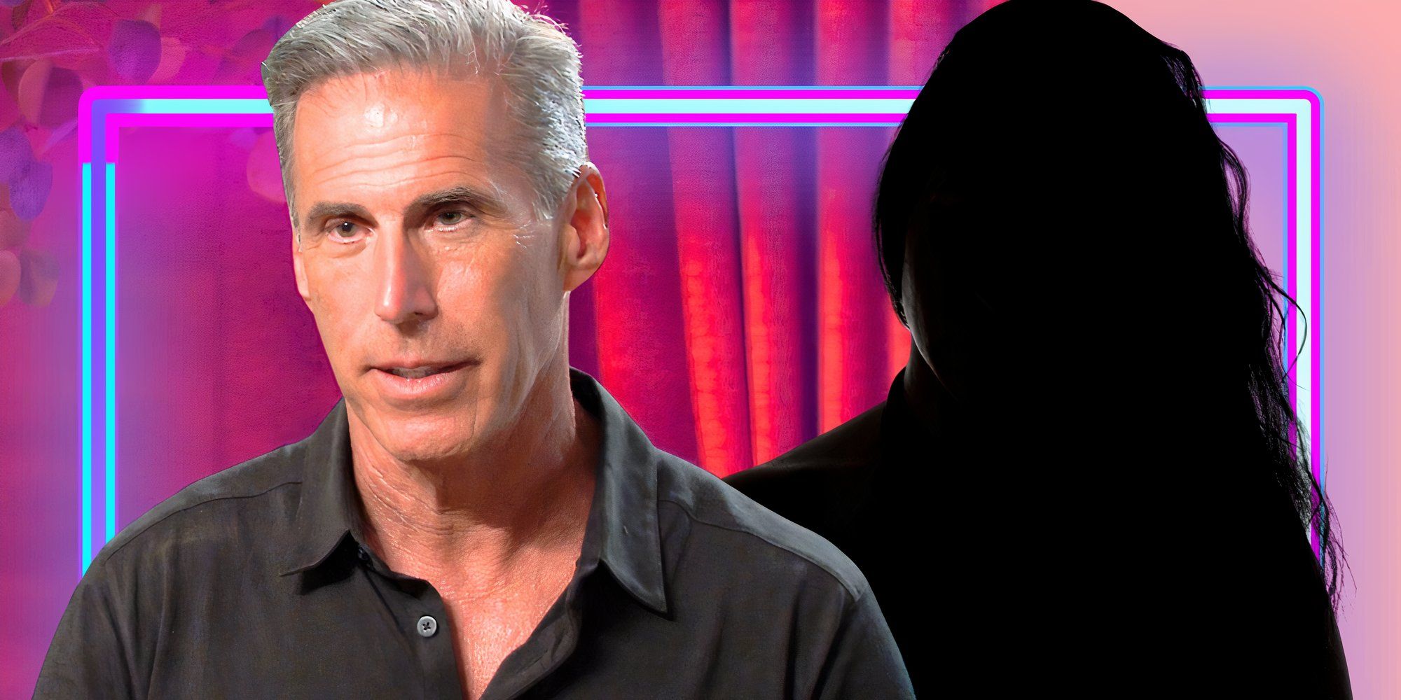 the golden bachelorette alum guy gansert looking serious with mystery women in montage with red background