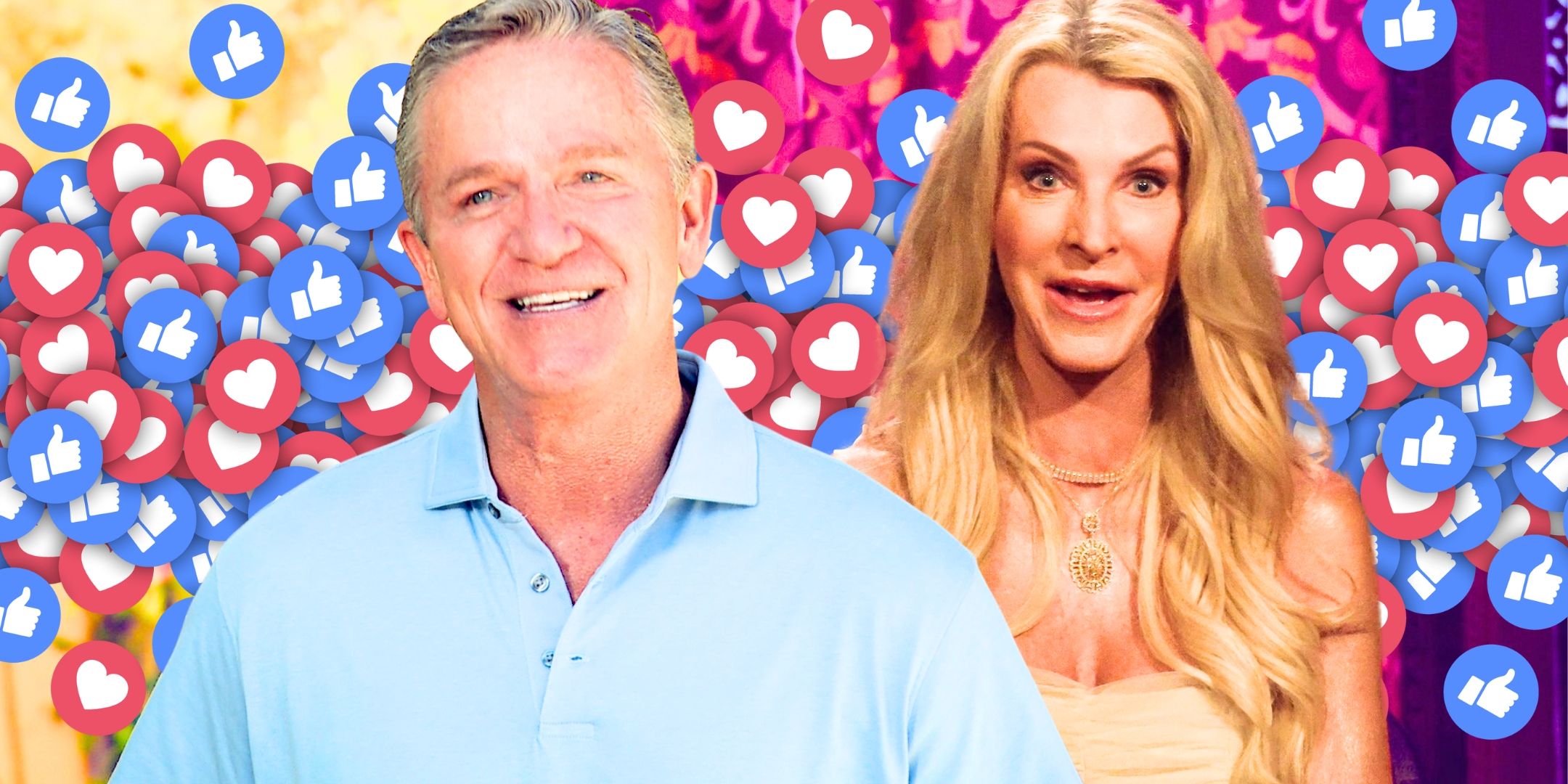 The Golden Bachelorette Joan Vassos &amp; Chock Chapple in side by side images looking happy with social media background