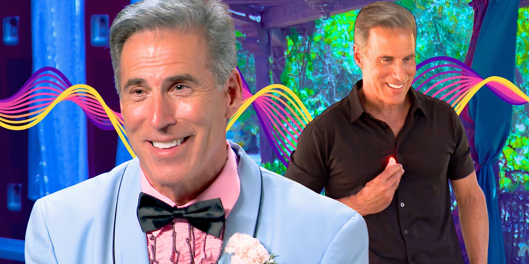 the golden bachelorette star guy gansert smiling in pale blue tux and another shot with him in black shirt