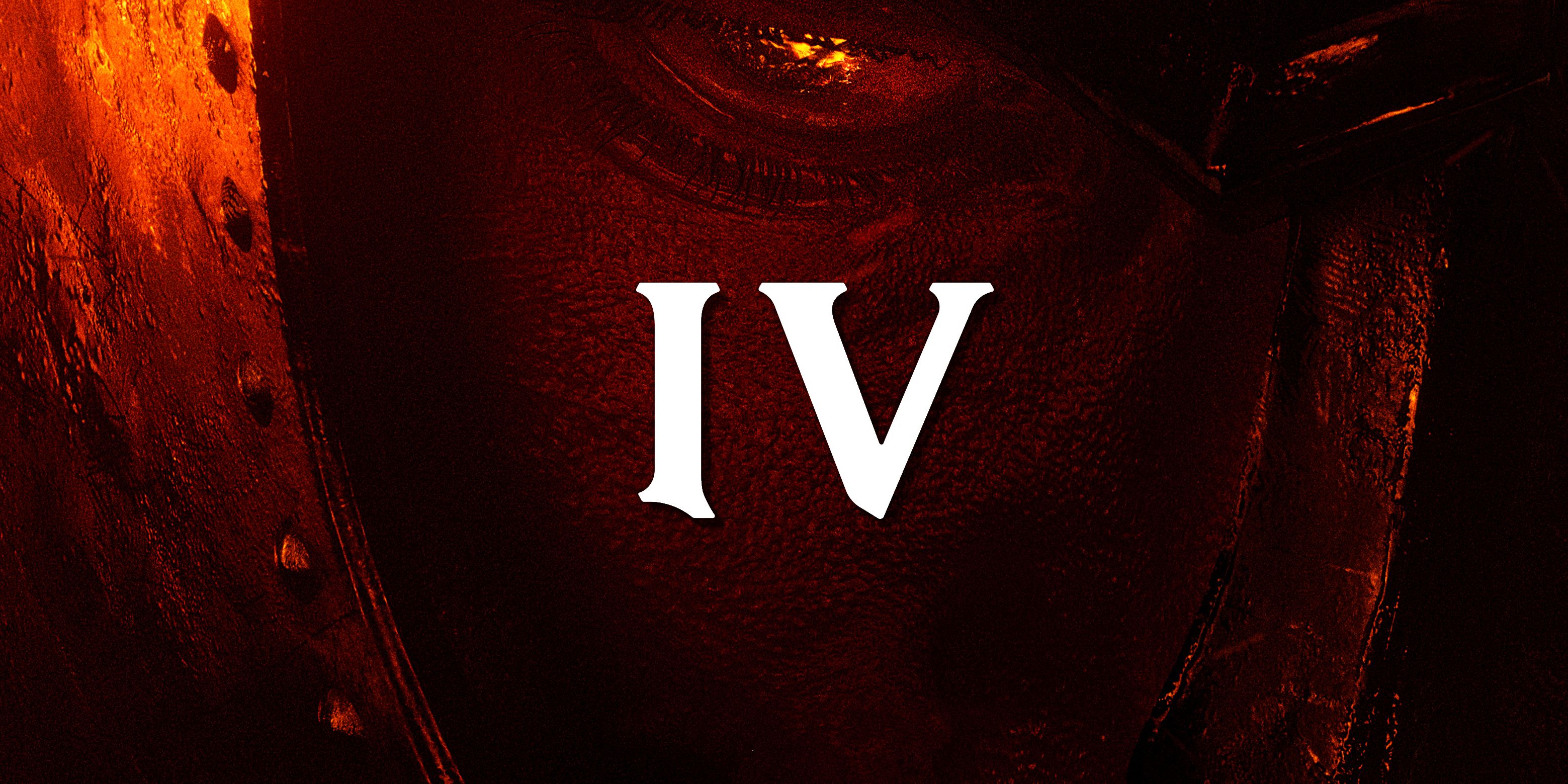The graphic for the Oblivion remake livestream, showing a close-up of a guard&rsquo;s face with a steel helmet lit in red. The text <em>IV</em> appears in white over the center of the image.
