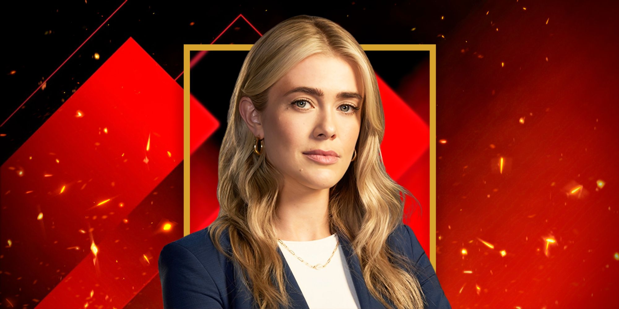 Melissa Roxburgh in front of a red background for The Hunting Party season 1 finale interview
