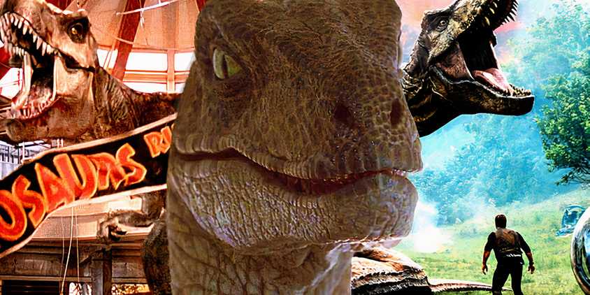 Blended image of stills from the Jurassic Park and Jurassic World movies featuring menacing-looking dinosaursQ