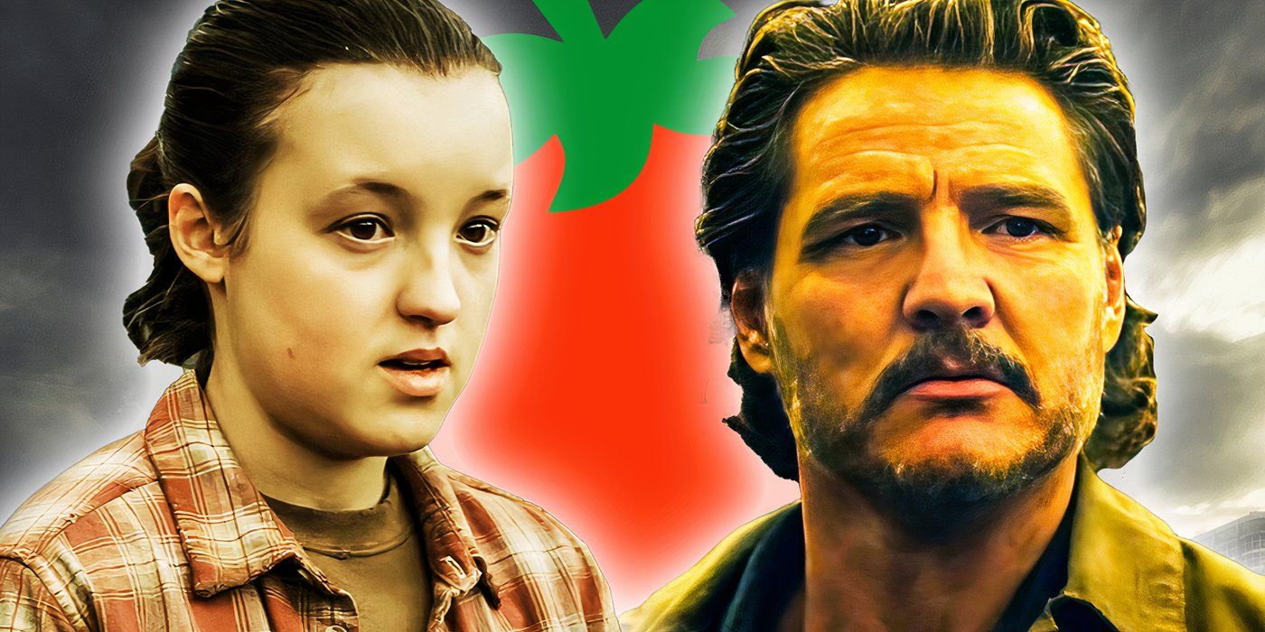 An edited image of Joel and Ellie in The Last of Us with the Rotten Tomatoes logo in the background.