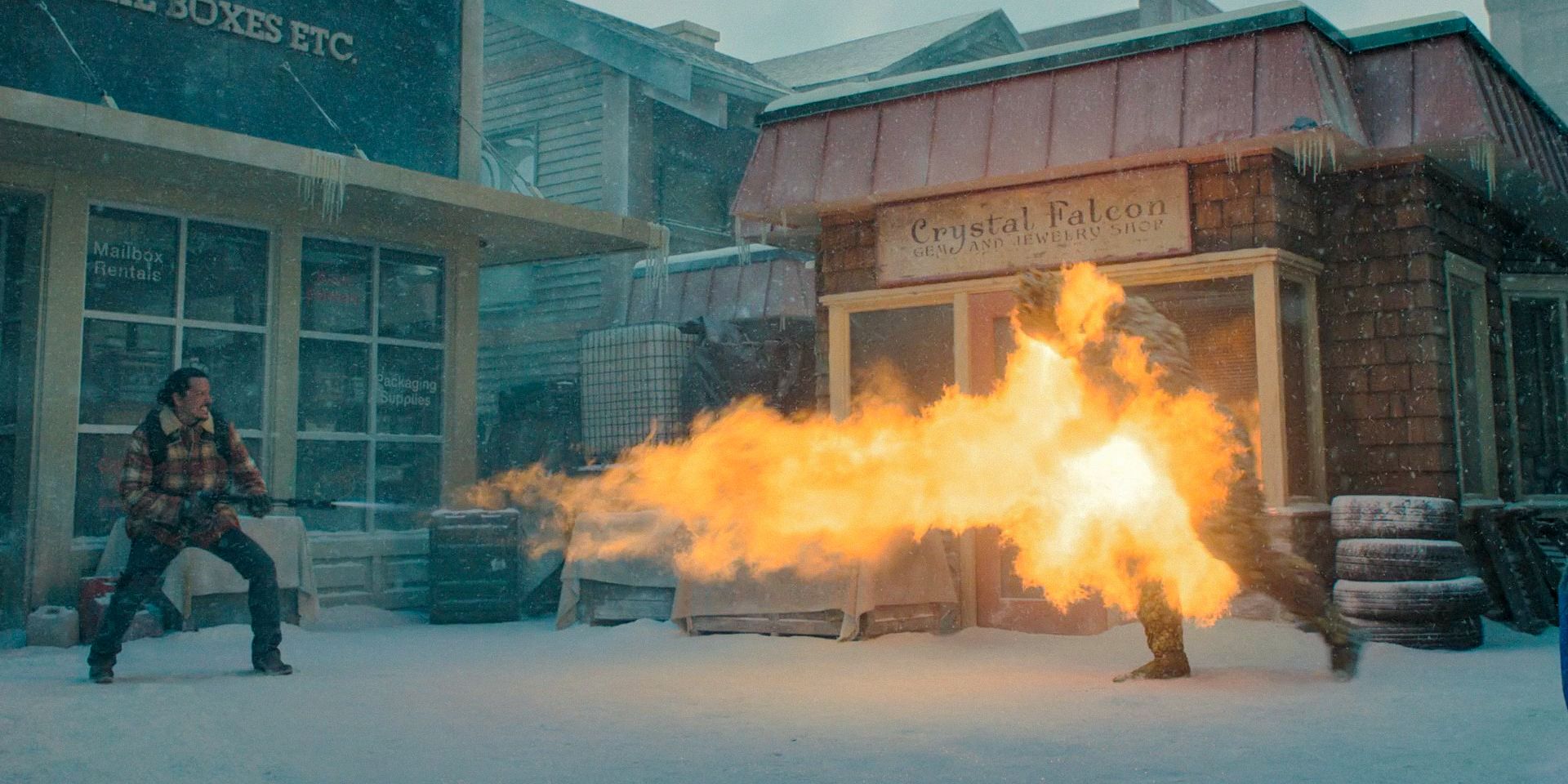 Tommy Miller (Gabriel Luna) attacking a Bloater with a flamethrower in The Last of Us Season 2 Ep 2