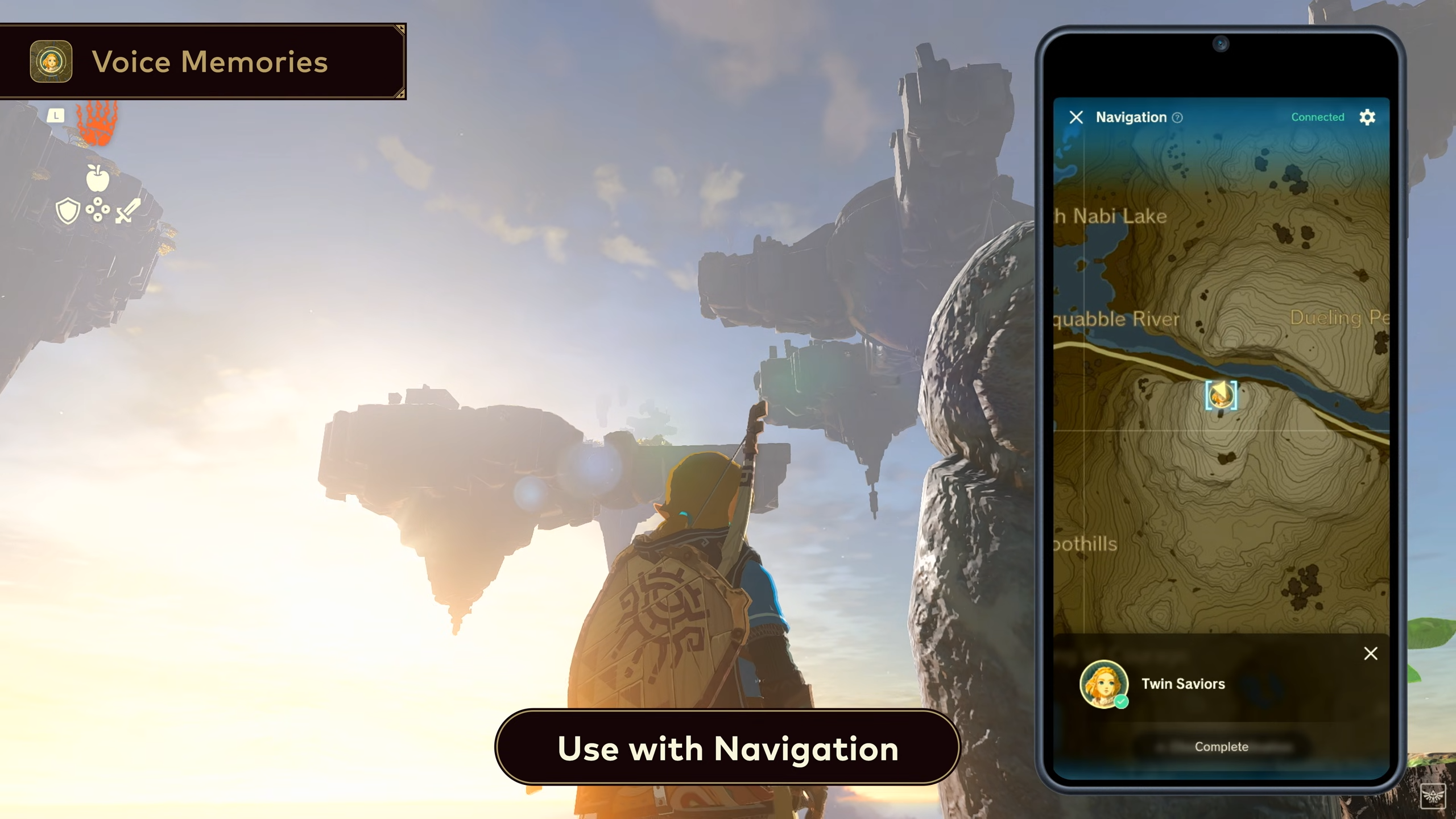 Link looking up at floating islands in Tears of the Kingdom, with a smartphone displaying the game&rsquo;s map on the right.