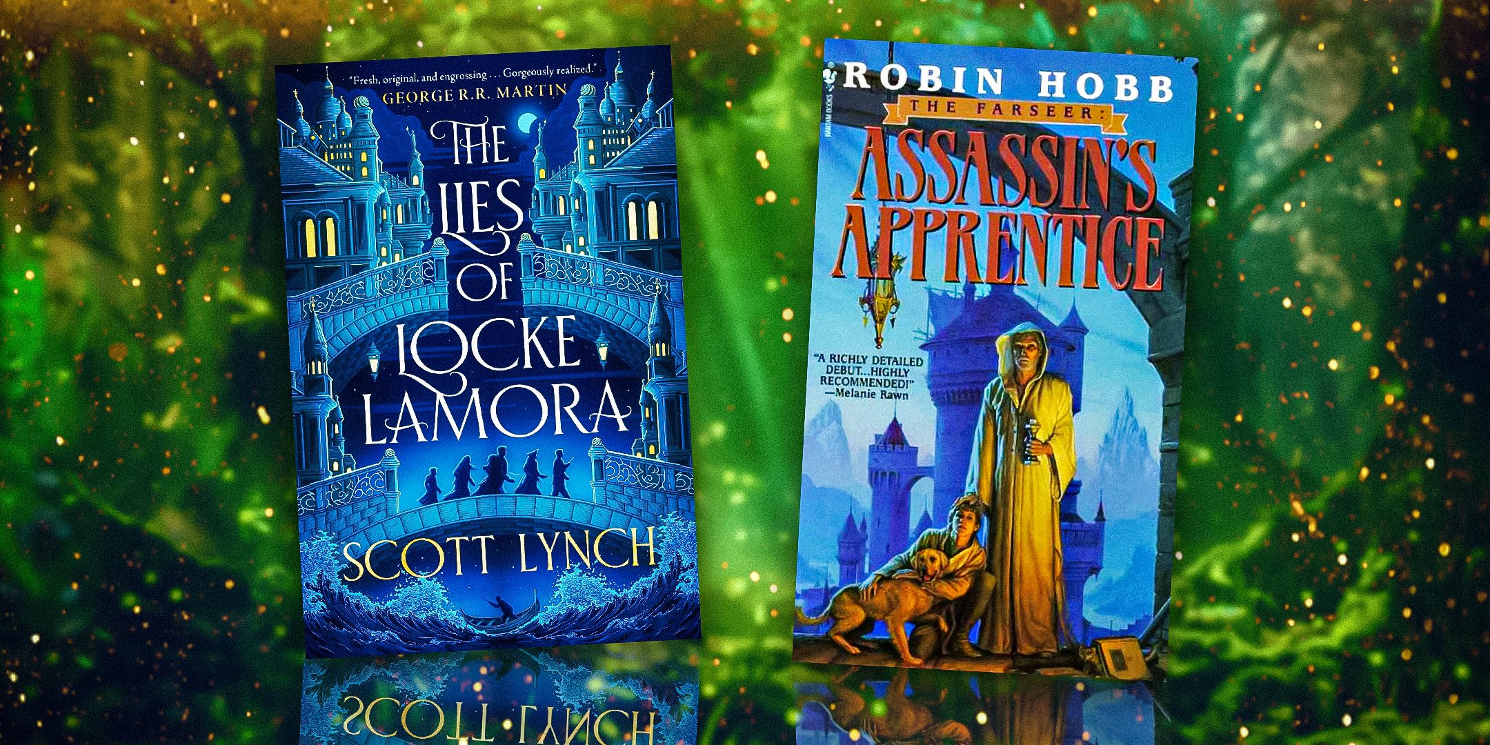 The Lies Of Locke Lamora And Assassin&rsquo;s Apprentice Covers against a green background