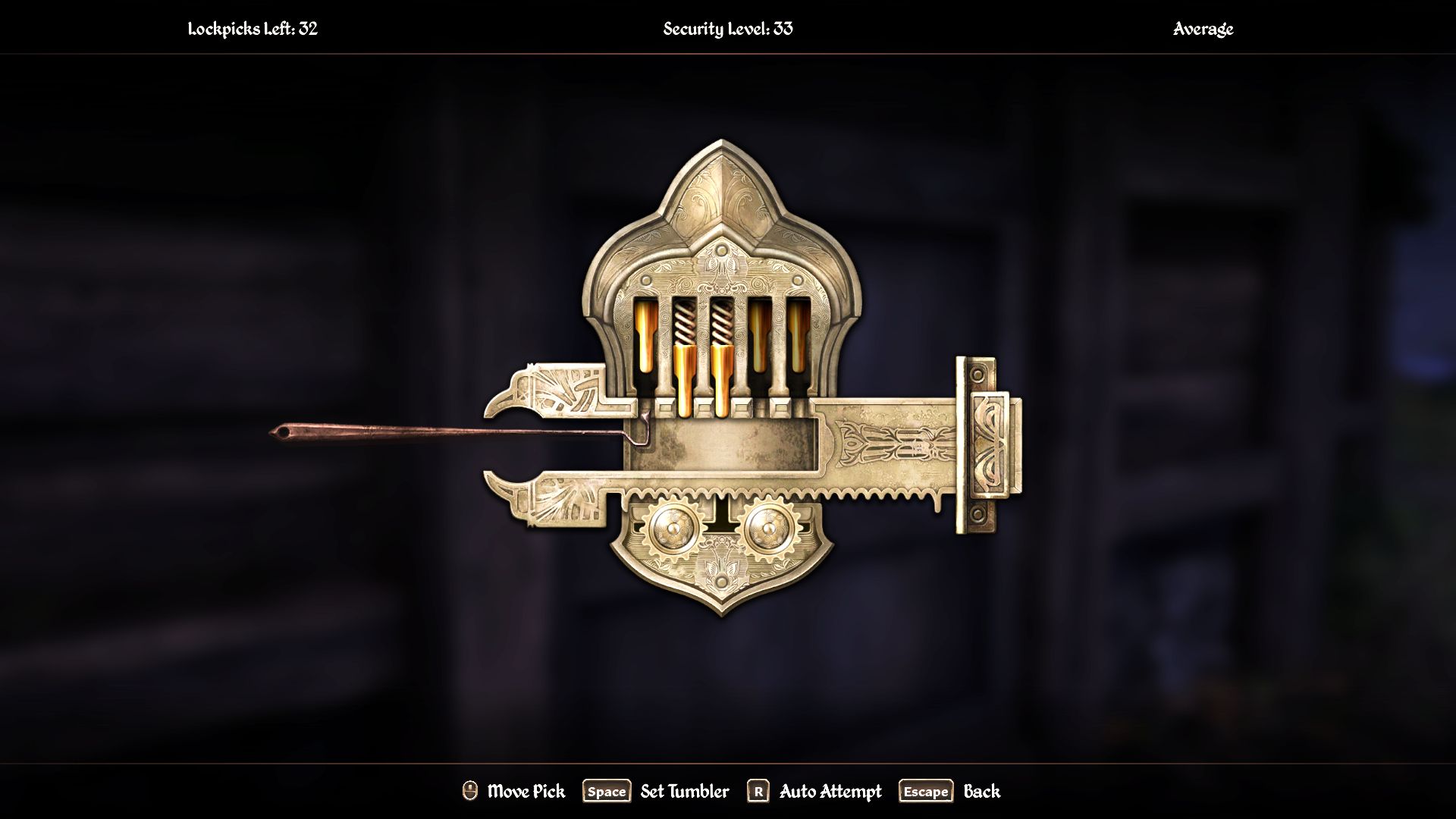 The lockpicking minigame in Oblivion, with the first tumbler ready to set.
