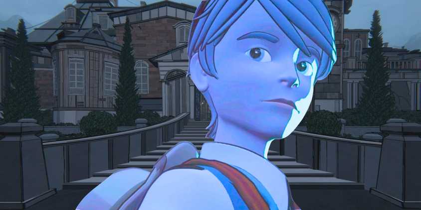 The main character posed in front of the mansion in the game Blue Prince