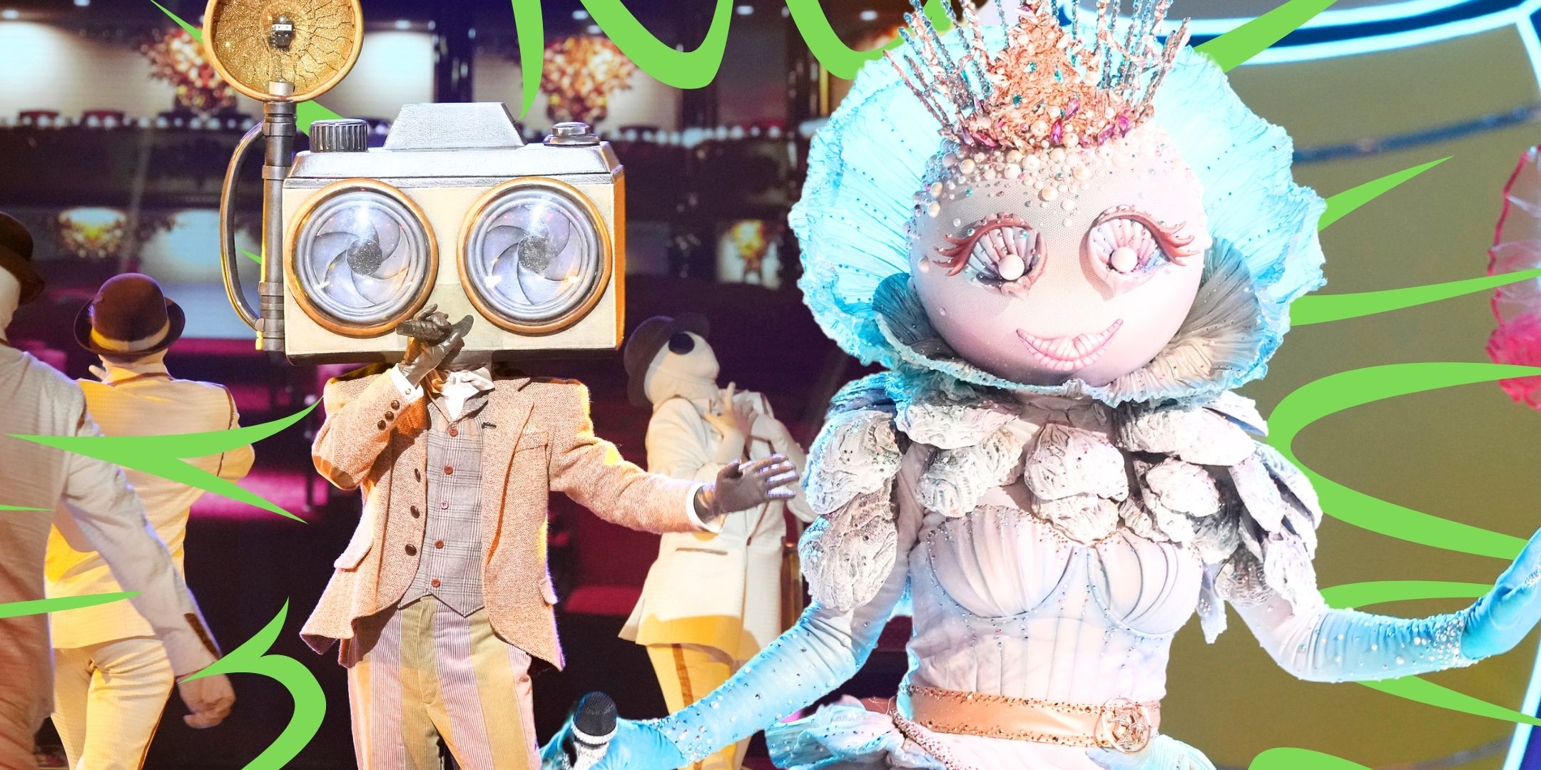 The Masked Singer&rsquo;s Paparazzo &amp; Pearl performing on stage.