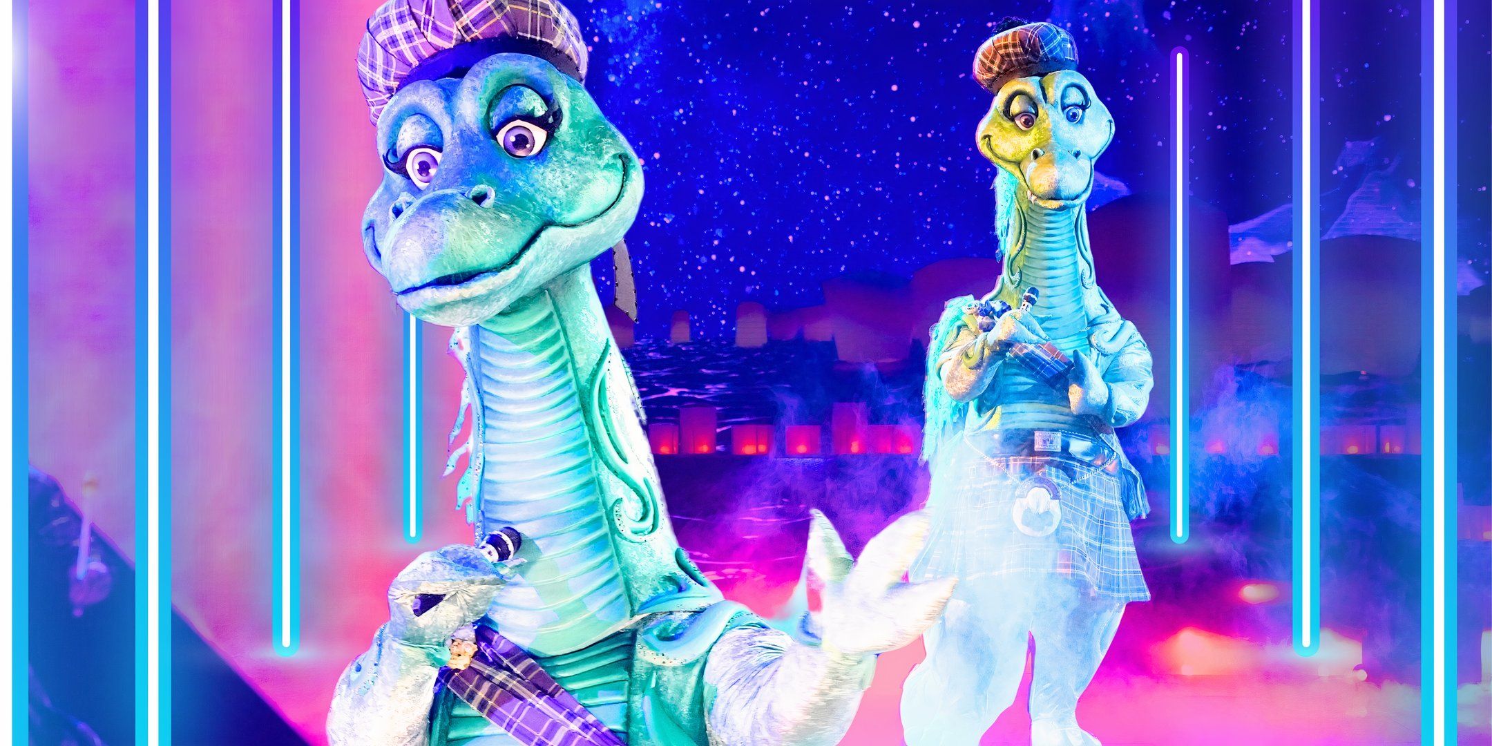 the masked singer star nessy in close up and full length poses with starlit background