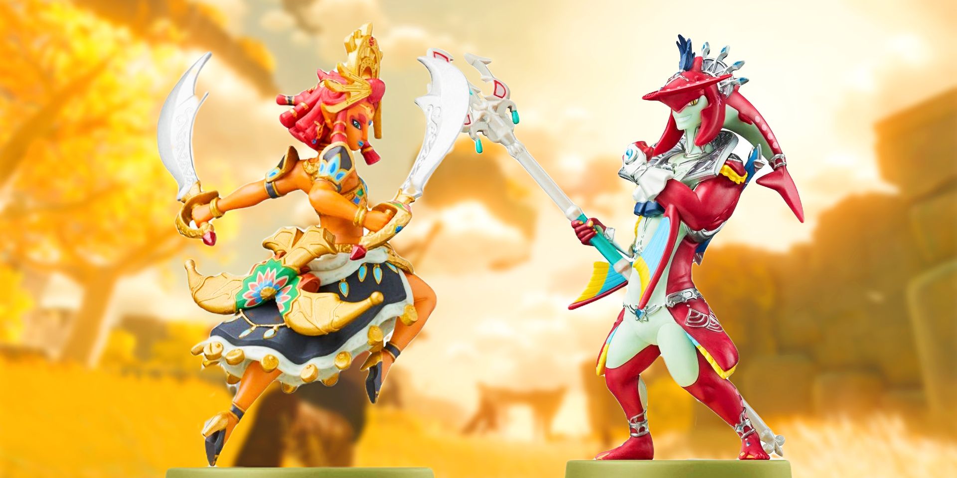 The new Sidon and Riju amiibo with some scenery from TOTK.