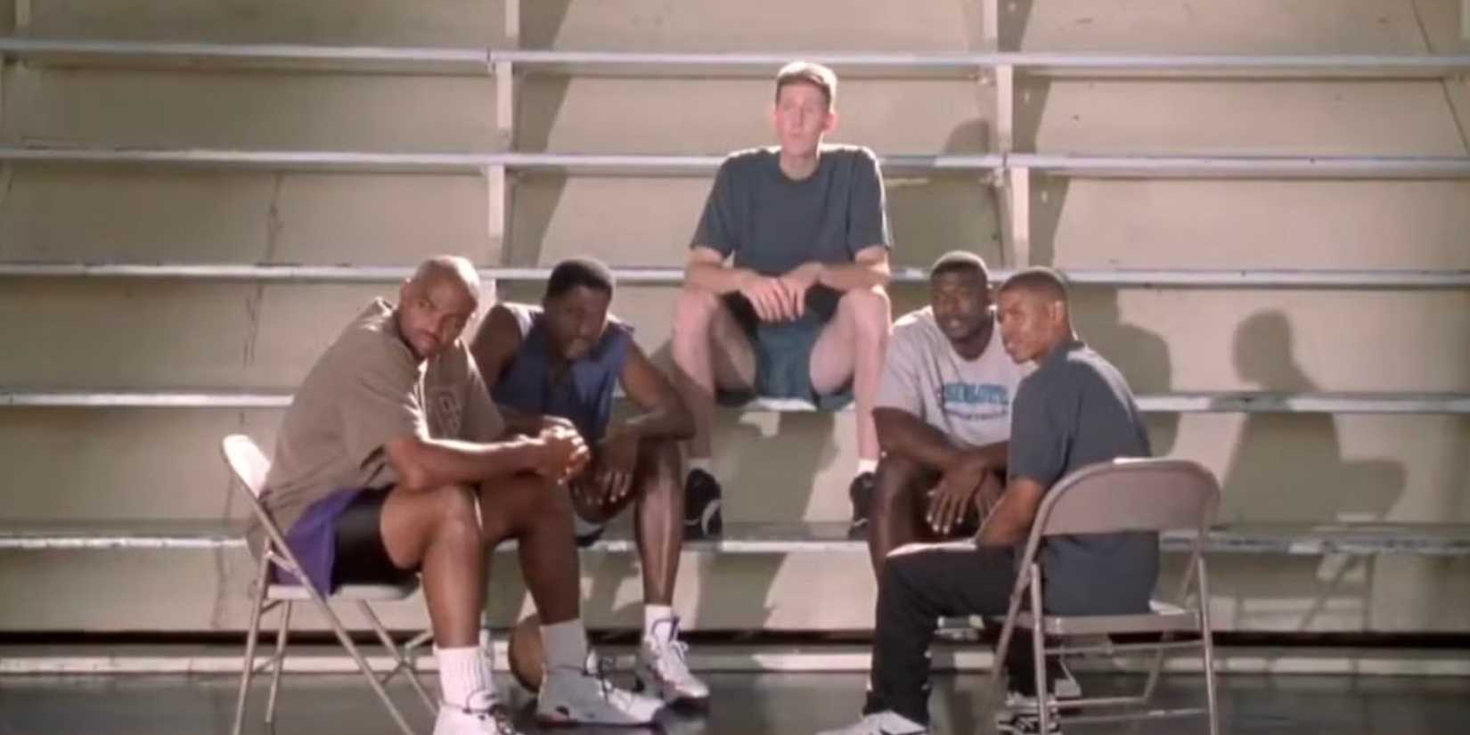 The powerless basketball players sitting in an empty gym in Space Jam