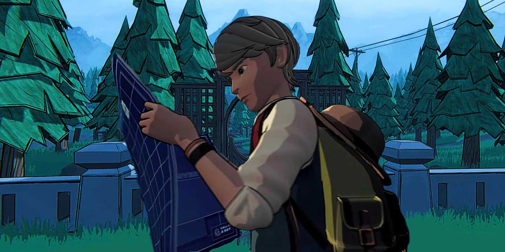 The protagonist of Blue Prince reading a blueprint in front of the West Gate.